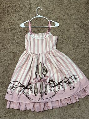 R Series Gothic Lolita Punk Oh My Glutton Pink Cream Striped with Cutlery Motif